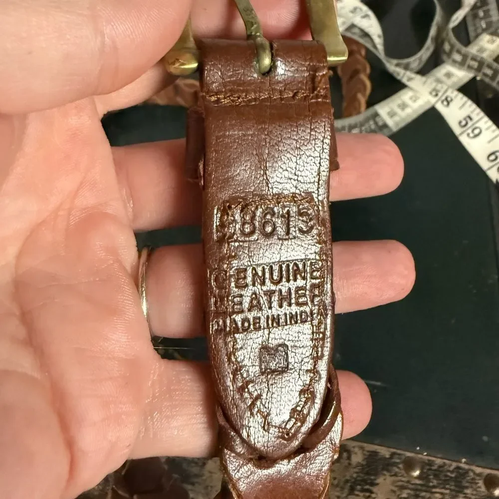 Vintage Brown Leather Woven Belt Solid Brass Buckle Unisex Size S/M